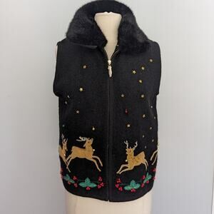 Black Embroidered Vest with Faux Fur Collar